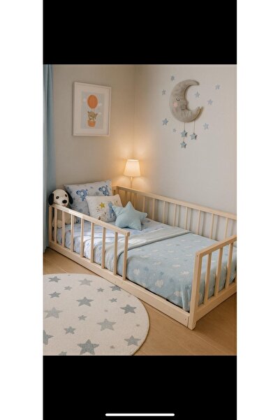 pinoxi 90cm X 190cm Masif Ahşap Naturel Yuvarlak Çıtalı Karyola Çocuk Yatağı 90cmx190cm Doğal Ahşap Natural