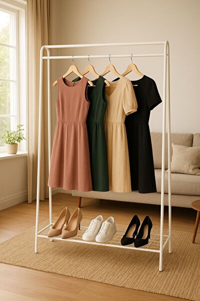 metaliz consept Oval Telli Beyaz Butik Stil Askılık Konfeksiyon Askısı Ayaklı Askılık Elbise Askılığı Portmanto