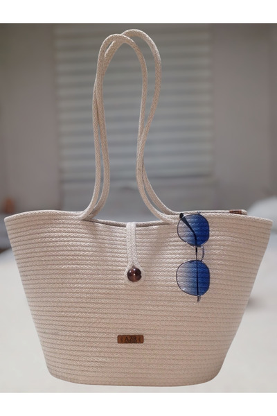 AZR HOME DESİGN Natural Jute Rope Handmade Beach Bag with Beige Buttons