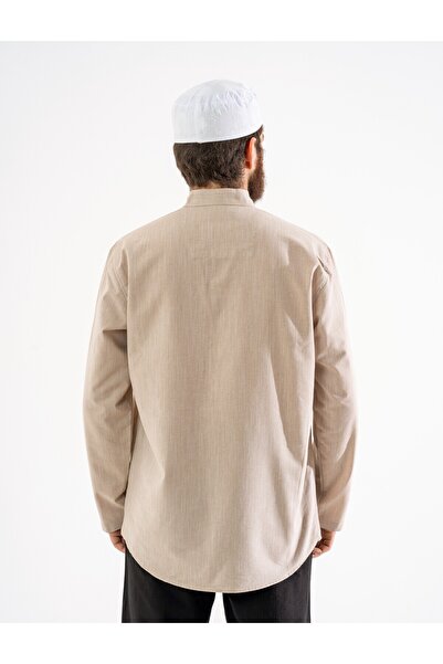 MAARİF GİYİM Erkek Hakim Yaka Uzun Kollu Yarım Pat Düğmeli Hac ve Umre Keten Gömlek