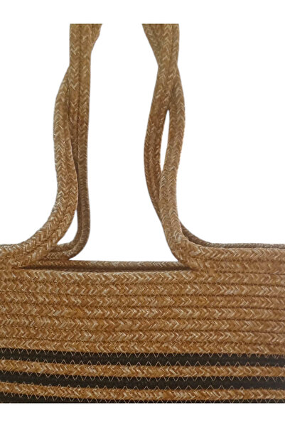 AZR HOME DESİGN Natural Jute Rope Black Striped Straw Bag Beach Bag