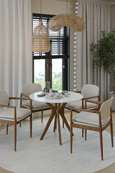 PLASMOB 90x90cm Yuvarlak Masa (Sadece Masa) Beyaz-Ceviz Mutfak Masası-Balkon Masası Pera Model