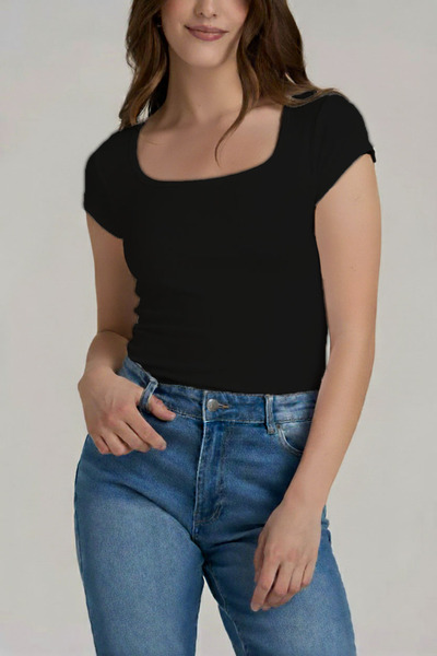 CHEISU Women's Black Short Sleeve Square Neck T-Shirt Blouse Ribbed Camisole