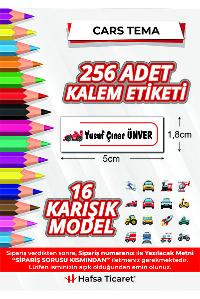 Hafsa Ticaret 256 Adet Kalem Etiketi Cars-araçlar Tema Isimli Kişiye Özel Oku...