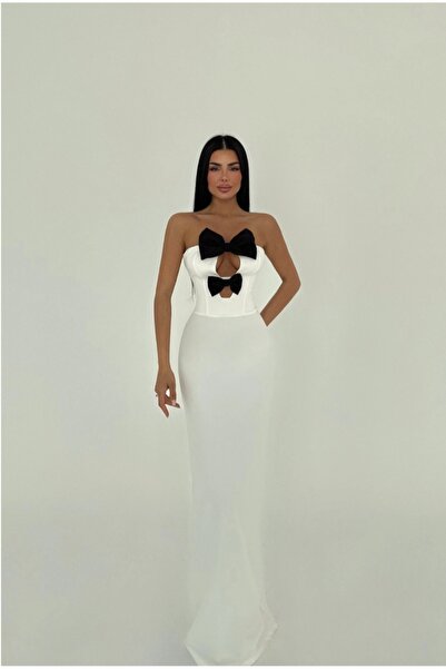 Lovely butik Без презрамки креп черна панделка бяла рокля