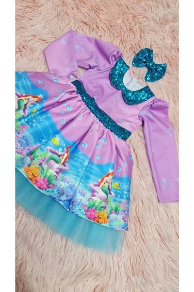 NA ADDESIGN Kız Çocuk Kabarık Tüllü Bebe Yakalı Deniz Kızı Elbisesi