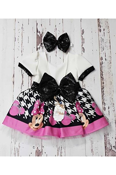 NA ADDESIGN Kız Çocuk Pembe Beyaz Mickey Mouse Kaz Ayağı Desenli Payet Detaylı Tüllü Elbise
