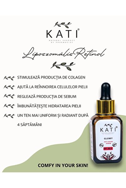 KATI Ser Facial Anti-Aging Glowy Nr. 36.5 - cu 1% Retinol Liposomal, Vitamina B3, Peptide, Pantenol si Aloe Vera, 100% si BIO, Fara Parfum Sintetic, Anti-Rid si Luminozitate, 13 ml