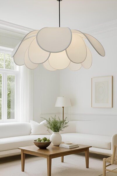 Fico Home White Blume Sarkıt Avize Beyaz Kumaş salon Avizesi Şık Görsellik Katar