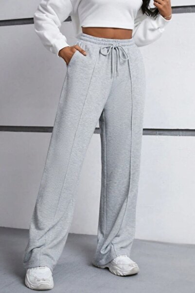 kallima Gri Yüksek Bel Çimalı Bol Paça Mevsimlik Iki Iplik Bağcıklı Eşofman Altı