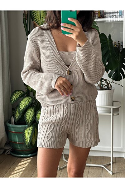 Store Bej Rengi Triko Hırka Büstiyer Şort 3'lü Triko Takım