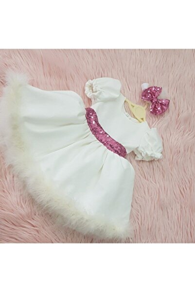 NA ADDESIGN Beyaz, Etek Ucu Tüylü, Payet Detaylı Kız Çocuk Abiye Elbise, Melek ELbise