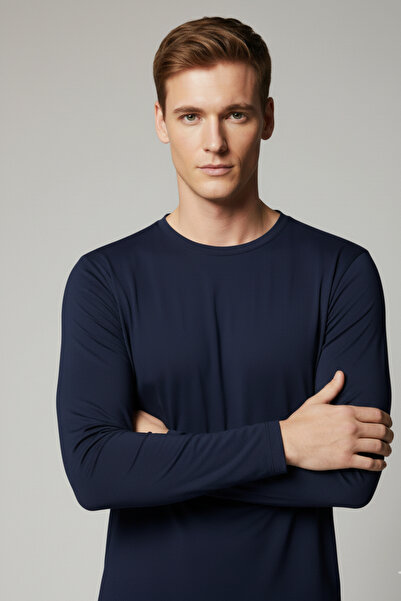 Elemge Ανδρικό μπλουζάκι από 100% βαμβάκι, βασικό μπλουζάκι, συμπαγές χτενισμένο βαμβακερό ύφασμα, μακρυμάνικο μπλουζάκι σε μπλε ναυτικό χρώμα, αθλητικό μπλουζάκι