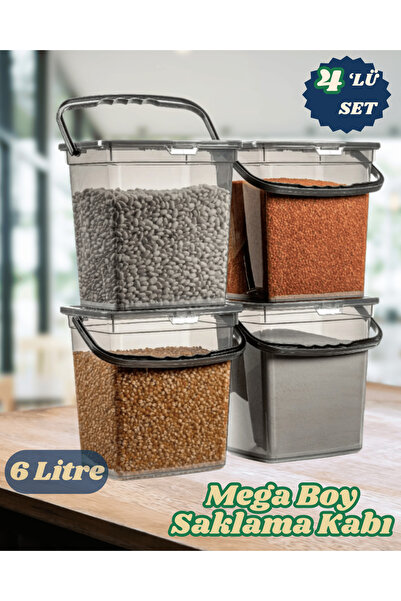 Stile Cucina Mega Size 4-Piece Square Flour Pulses Container 6 Liters - Detergent Storage Box with Handle Anthracite