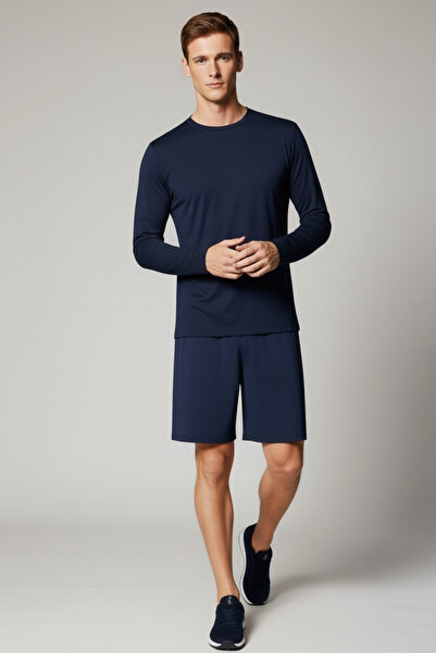 Elemge Ανδρικό μπλουζάκι από 100% βαμβάκι, βασικό μπλουζάκι, συμπαγές χτενισμένο βαμβακερό ύφασμα, μακρυμάνικο μπλουζάκι σε μπλε ναυτικό χρώμα, αθλητικό μπλουζάκι