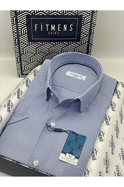 Fitmens قميص رجالي كلاسيكي بأكمام قصيرة ومخطط مع علبة هدايا FS-003005 - أزرق