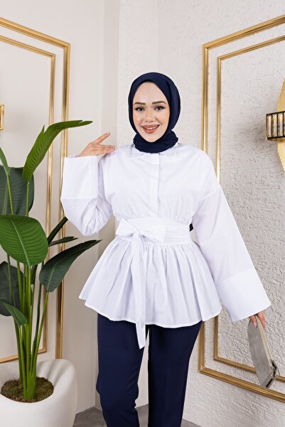 Eliva Γυναικείο λευκό απλό σατέν πουκάμισο με ζώνη στη μέση