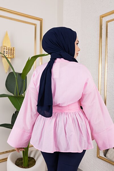 Eliva Women's Pink Plain Satin Hijab Shirt with Waist Belt