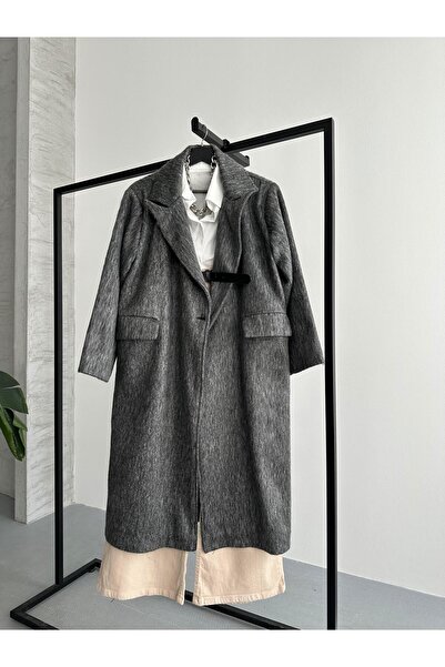 FERZOLAİO معطف صوف أنثراسيت كبير الحجم بزر واحد