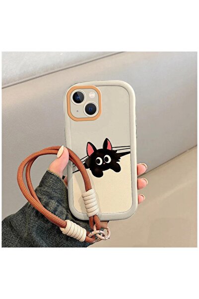Zebana Apple iPhone 14 Plus Uyumlu Kılıf El Bilekli Cat and Puppy Silikon Kılıf Krem Rengi