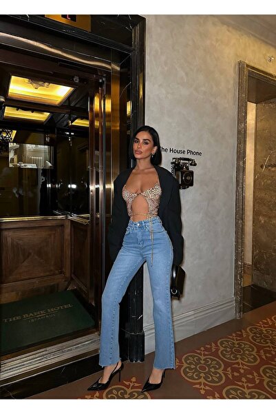 Gallogi Kadın, Likralı Mini Flare Bilek Hizasında Kot Pantolon