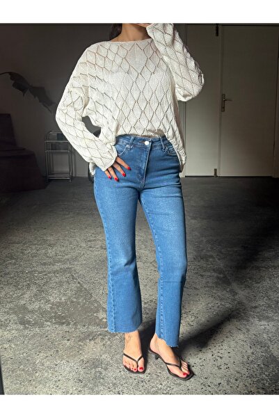 Gallogi Kadın, Likralı Mini Flare Bilek Hizasında Kot Pantolon