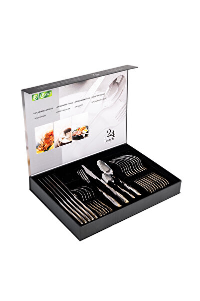 Trendy's Set Tacamuri 24 Piese RAWI din Inox – Design Elegant cu Detalii Aurii