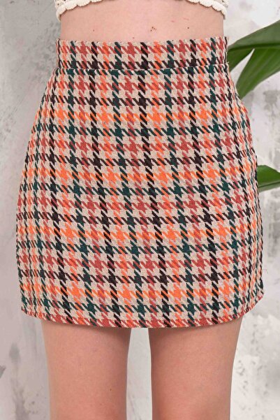 VAGGON Women's Orange Zipper Closure Houndstooth Patterned Mini Skirt Vs00897