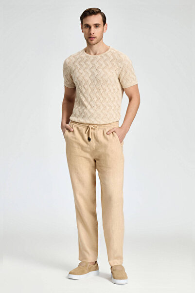 Hemington Saf Keten Bağcıklı Kum Rengi Pantolon