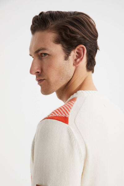 Hemington Kaşmir Merino Yün Karışımlı Kare Desenli Ekru Turuncu Kazak