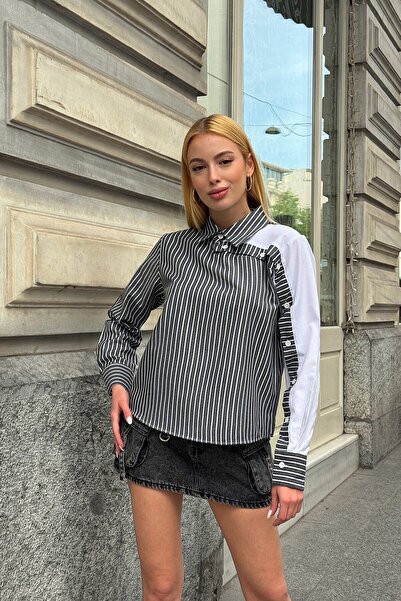 VAGGON قميص نسائي أسود مخطط بأكمام طويلة وتفاصيل أزرار غير متماثلة Vs00918