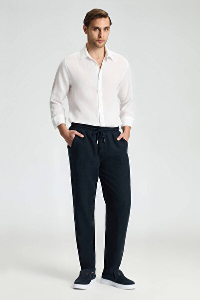 Hemington Saf Keten Bağcıklı Lacivert Pantolon