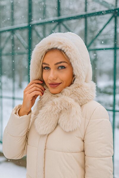 Axesoire 14689 Bej Suni Peluş Kürklü Boyun Bağlamalı Atkılı Şapka Bere