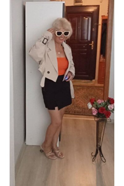 Butik krem yeni sezon astarlı trençkot