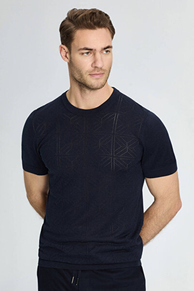 Hemington Openwork Knit Detailed Crew Neck Navy Blue T-Shirt