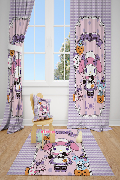 dekomingo Lila My Melody Checked Patterned 2 Wing Background Curtain