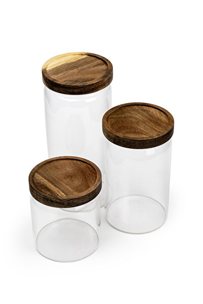 Cuisine Art By Styli Set of 3 - Round Glass Storage Jars with Acacia Wood Lids - Transparent