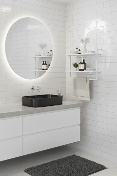 Euromob 40x20 cm Banyo Rafı Duvara Monte Havluluk 2 Katlı Dekoratif Düzenleyici Organizer Beyaz Metal