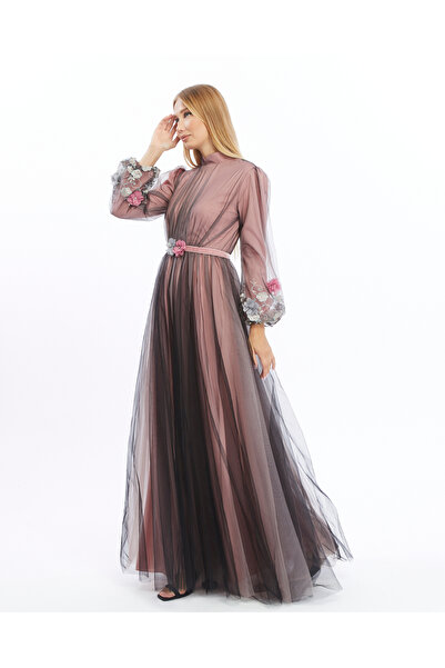 Asees Balon kol tül çiçek işlemeli kemerli abiye elbise