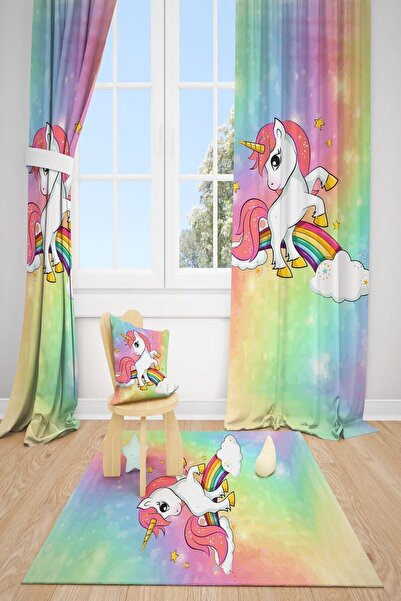 dekomingo Rengarenk Gökkuşağı Unicorn Çocuk Odası 2 Kanat Fon Perde