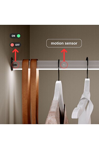 SUMUAS Hareket Sensörlü LED Dolap İçi Işık ve Askı Borusu - 101-110 Cm - Dolap İçi Aydınlatma