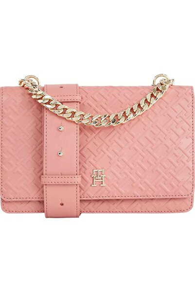 Tommy Hilfiger Women's Leather Brand Logo Zippered Daily Use Pink Shoulder Bag AW0AW16108-TJ5