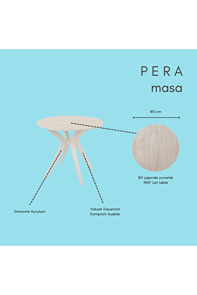 PLASMOB 90x90cm Yuvarlak Masa(Sadece Masa) Traverten Mutfak Masası-Balkon Masası Pera Model