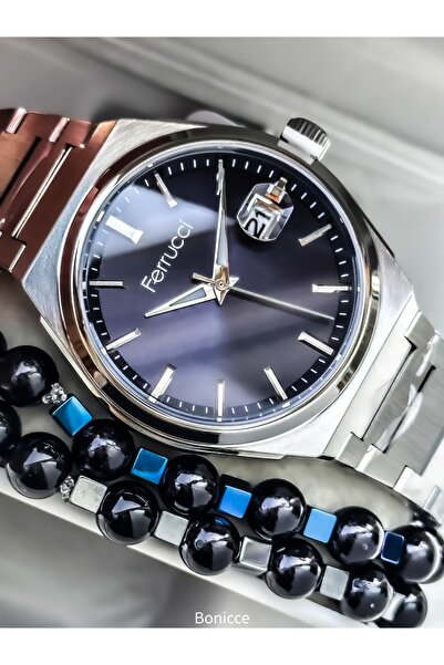Ferrucci Erkek Kol Saat 45MM, Kasa,Fonksiyonları Aktif,Gümüş Renk Çelik Hasır Kordon,Bileklik Tesbih Hediyeli
