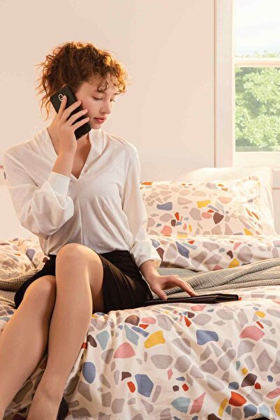 Hibboux Terazzo 100% бавовна - сучасний односпальний комплект постільної білизни з каменним візерунком, бежевий/сірий