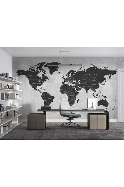 Özen Duvar Kağıtları Beton Zemin Üzerinde Siyah Dünya Haritası