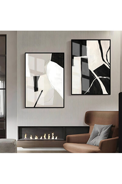 Harikabirev HARİKABİREV|GRİ-KREM -SİYAH SOYUTABSTRACT KOMBİN 2 |ÇERÇEVELİ CAM TABLO 2Lİ DİKEY