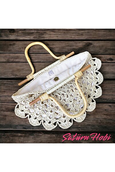 Satürn Hobi Knitted Bamboo Handle Clam & Fan Model Lined Raffia Bag