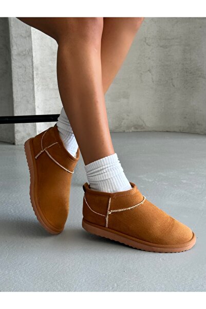 AZE STEP Mini Taba Süet İçi Tüylü Düz Taban Yarım Bot
