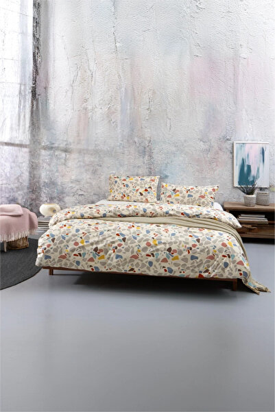 Hibboux Terazzo 100% бавовна - сучасний односпальний комплект постільної білизни з каменним візерунком, бежевий/сірий